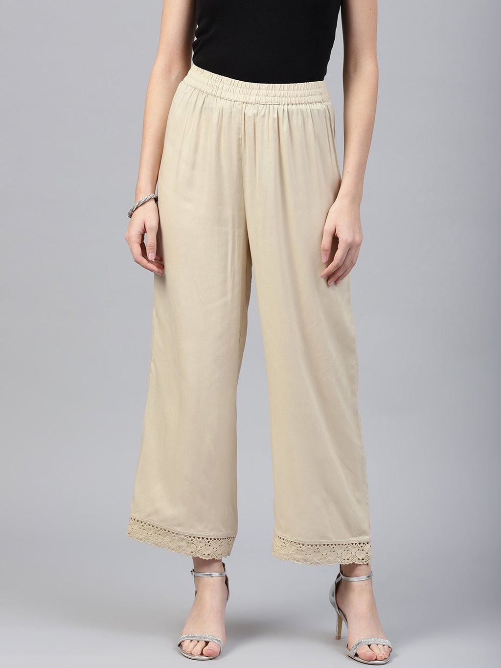 Juniper Beige Solid Rayon Wide Leg Women Palazzo With One Pocket