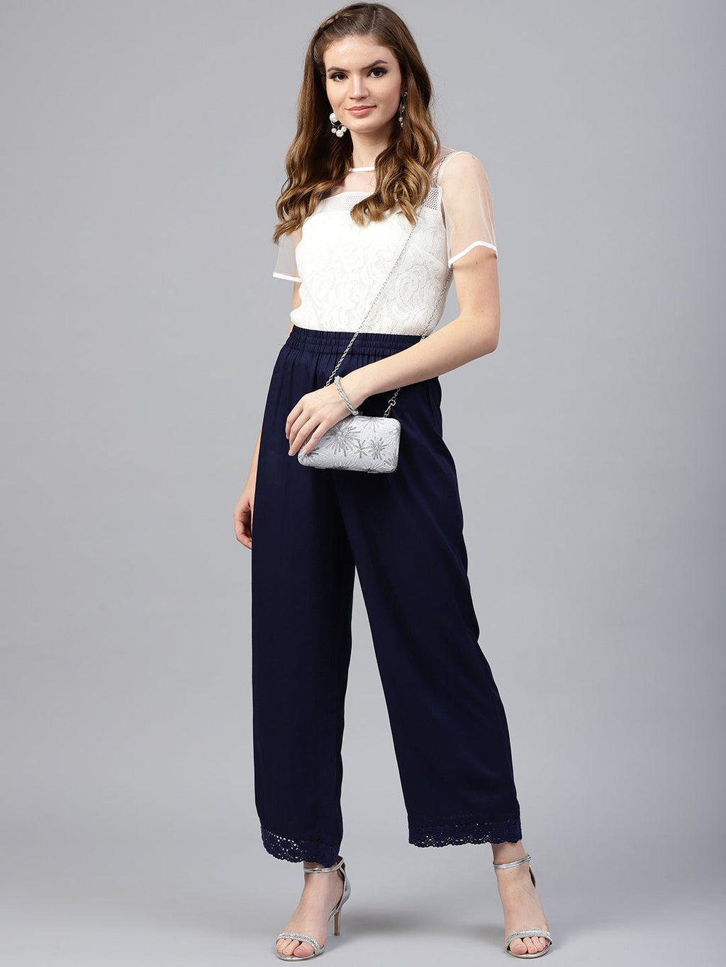 Juniper Navy Blue Solid Rayon Wide Leg Women Palazzo With One Pocket