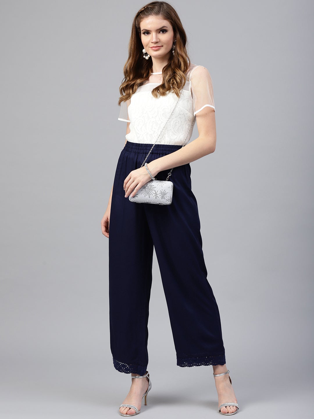 Juniper Navy Blue Solid Rayon Wide Leg Women Palazzo With One Pocket