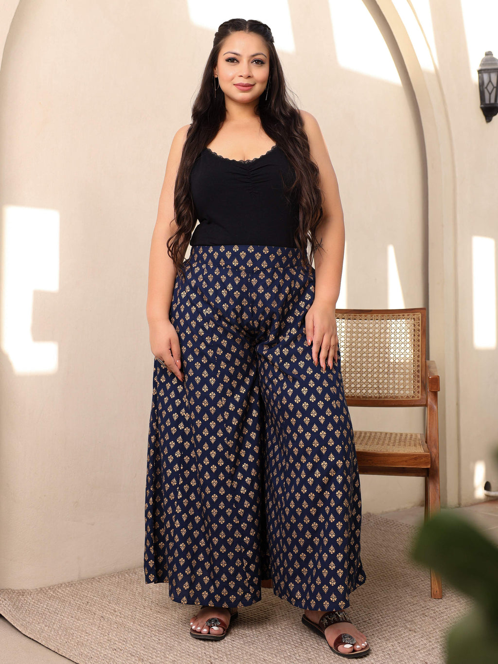 Juniper Navy Blue Ethnic Motif Printed Rayon Flared Women Palazzo With One Pocket - Distacart
