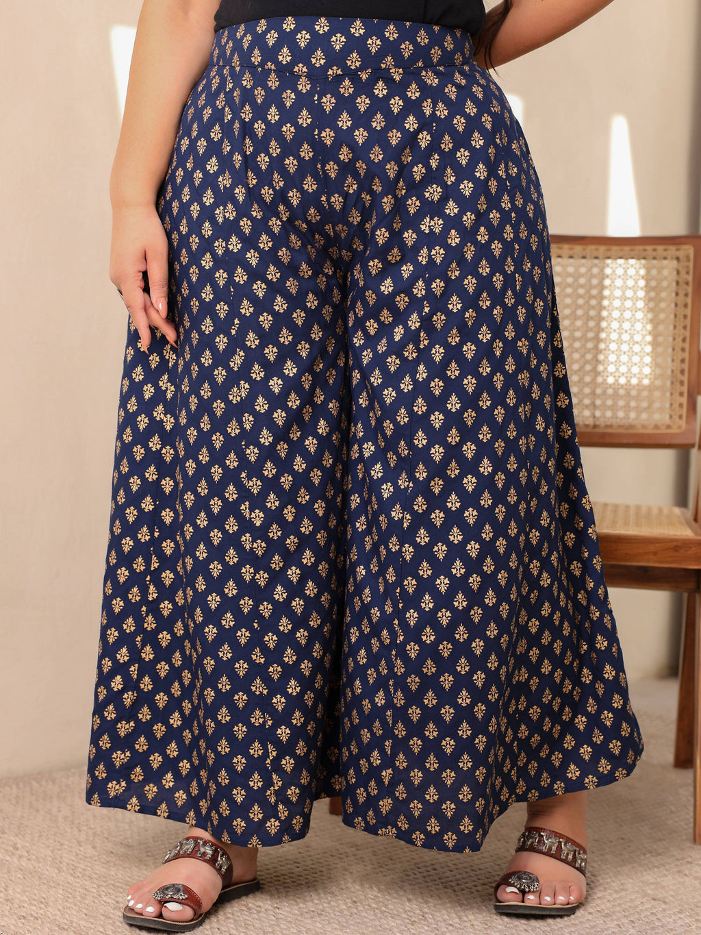 Juniper Navy Blue Ethnic Motif Printed Rayon Flared Women Palazzo With One Pocket - Distacart