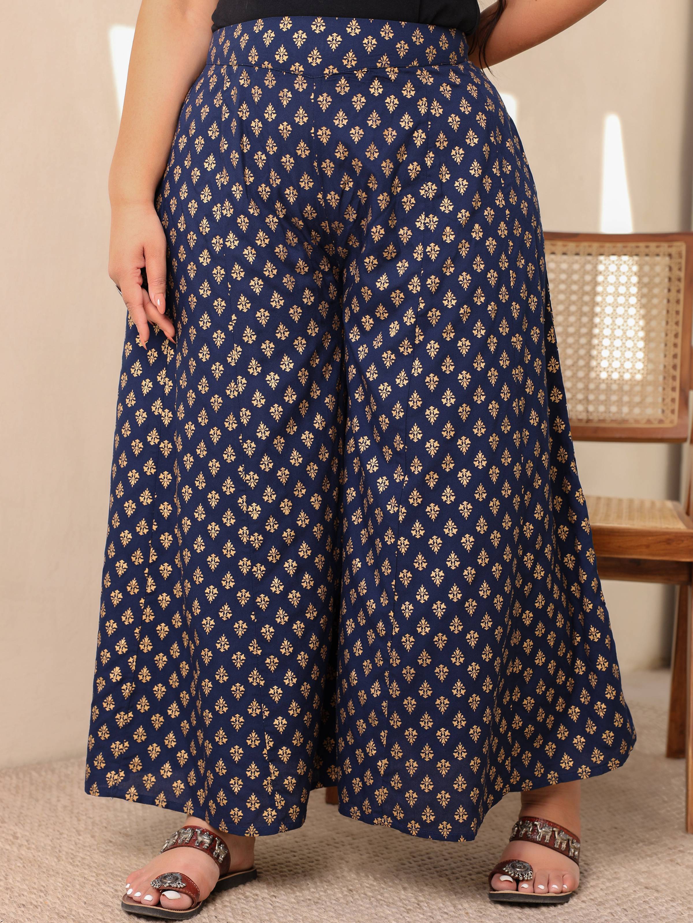 Juniper Navy Blue Ethnic Motif Printed Rayon Flared Women Palazzo With One Pocket - Distacart