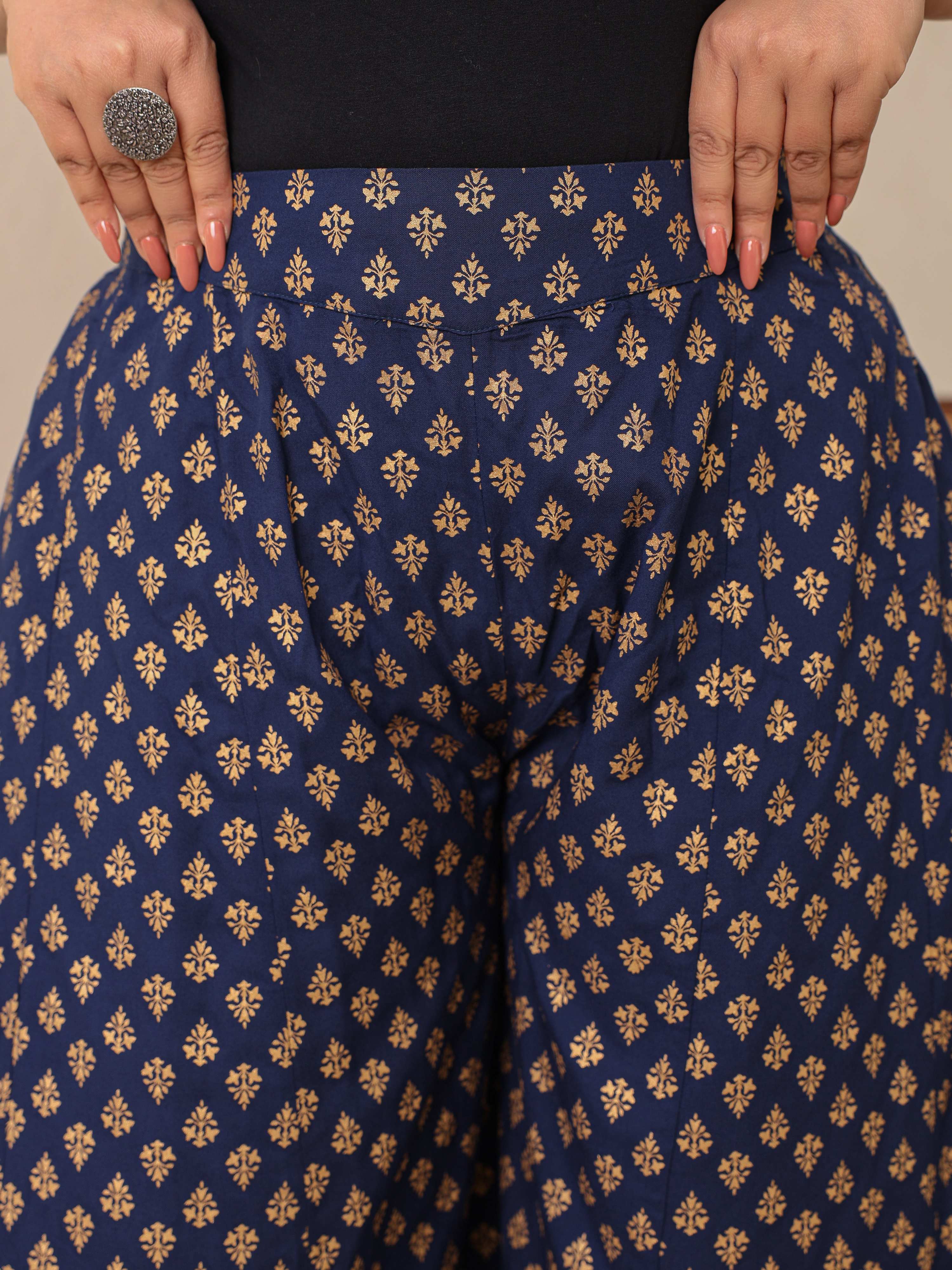 Juniper Navy Blue Ethnic Motif Printed Rayon Flared Women Palazzo With One Pocket - Distacart