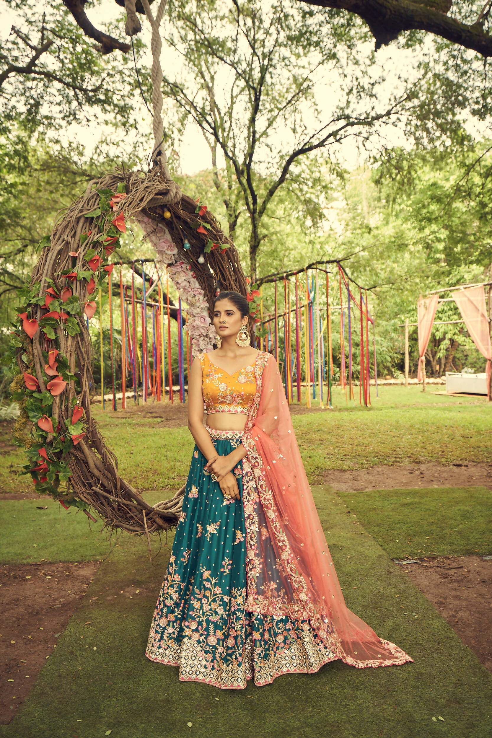 House of Panchhi Teal Pure Georgette Sequinse Work Lehenga & Blouse with Dupatta