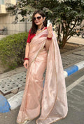 Lorenvalley Fashion Attractive Peach Crush Tissue Silk Saree With Jacquard Weaving Blouse
