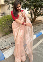 Lorenvalley Fashion Attractive Peach Crush Tissue Silk Saree With Jacquard Weaving Blouse