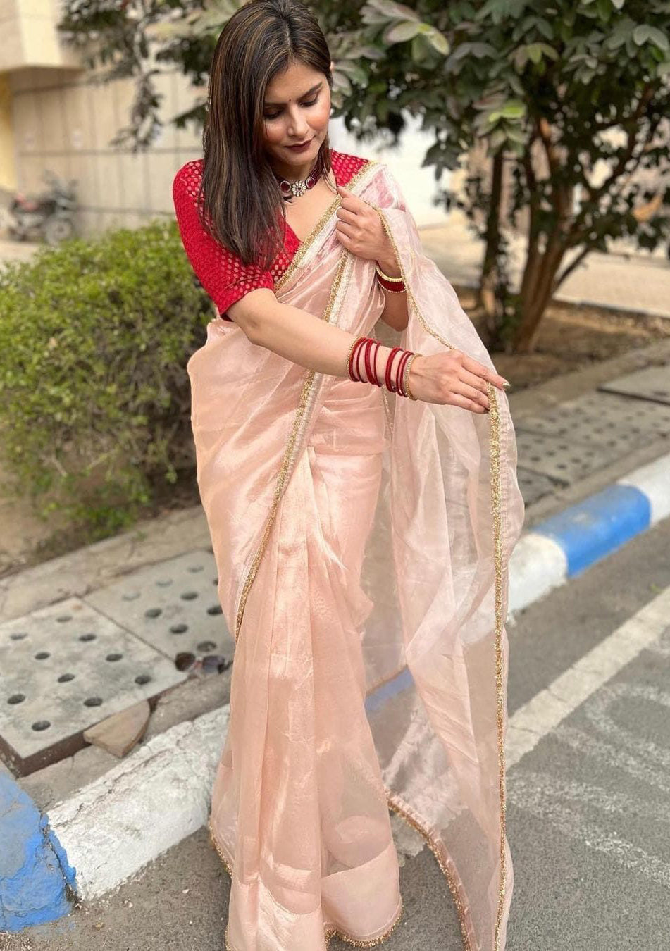 Lorenvalley Fashion Attractive Peach Crush Tissue Silk Saree With Jacquard Weaving Blouse
