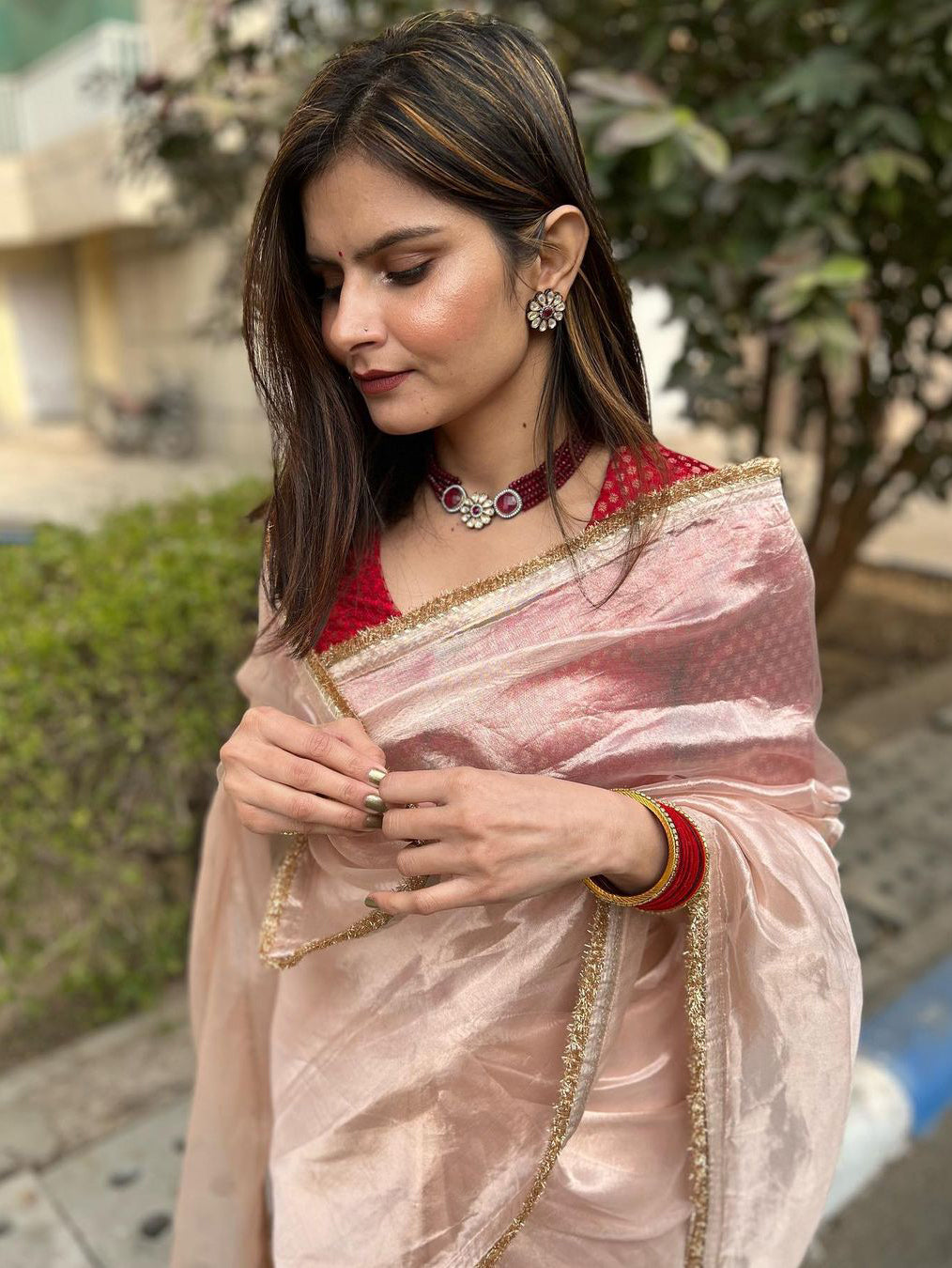 Lorenvalley Fashion Attractive Peach Crush Tissue Silk Saree With Jacquard Weaving Blouse