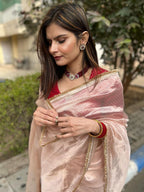 Lorenvalley Fashion Attractive Peach Crush Tissue Silk Saree With Jacquard Weaving Blouse