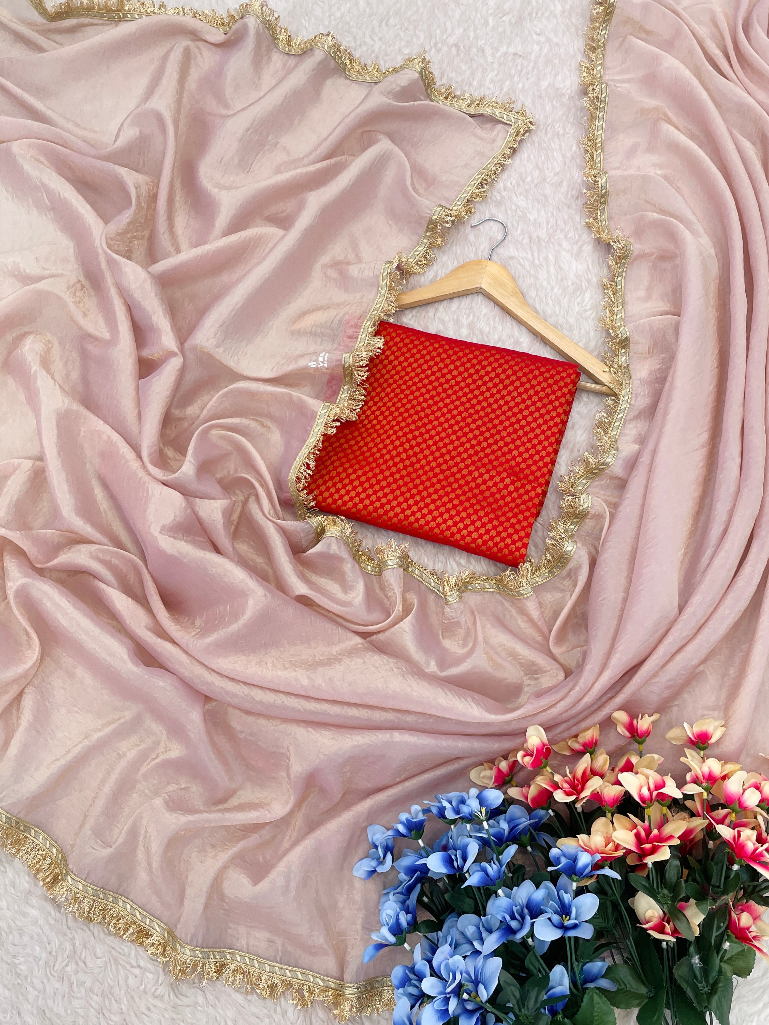 Lorenvalley Fashion Attractive Peach Crush Tissue Silk Saree With Jacquard Weaving Blouse