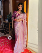 Lorenvalley Fashion Attractive Purple Crush Tissue Silk Saree With Jacquard Weaving Stitched Blouse