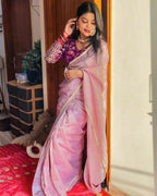 Lorenvalley Fashion Attractive Purple Crush Tissue Silk Saree With Jacquard Weaving Stitched Blouse