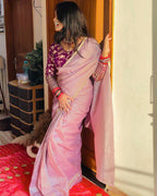 Lorenvalley Fashion Attractive Purple Crush Tissue Silk Saree With Jacquard Weaving Stitched Blouse
