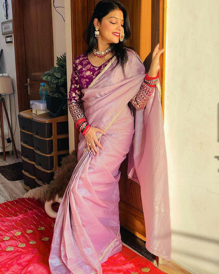 Lorenvalley Fashion Attractive Purple Crush Tissue Silk Saree With Jacquard Weaving Stitched Blouse