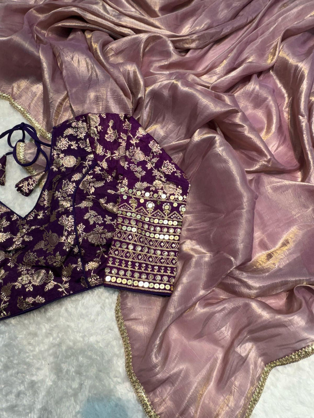 Lorenvalley Fashion Attractive Purple Crush Tissue Silk Saree With Jacquard Weaving Stitched Blouse
