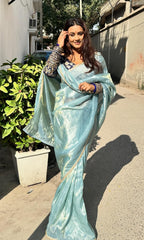 Lorenvalley Fashion Attractive Pink Crush Tissue Silk Saree With Jacquard Weaving Stitched Blouse