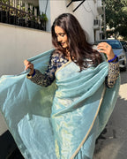 Lorenvalley Fashion Attractive Pink Crush Tissue Silk Saree With Jacquard Weaving Stitched Blouse
