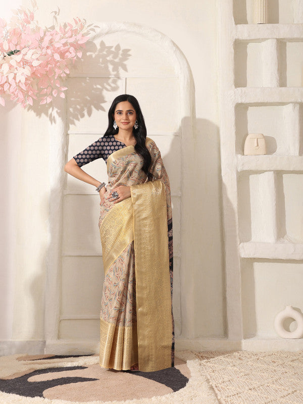 Shivam Fabrics Beige Lichi Patta Fabric Printed Saree - Distacart