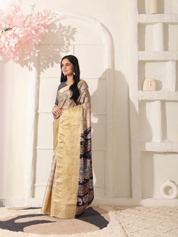 Shivam Fabrics Beige Lichi Patta Fabric Printed Saree - Distacart