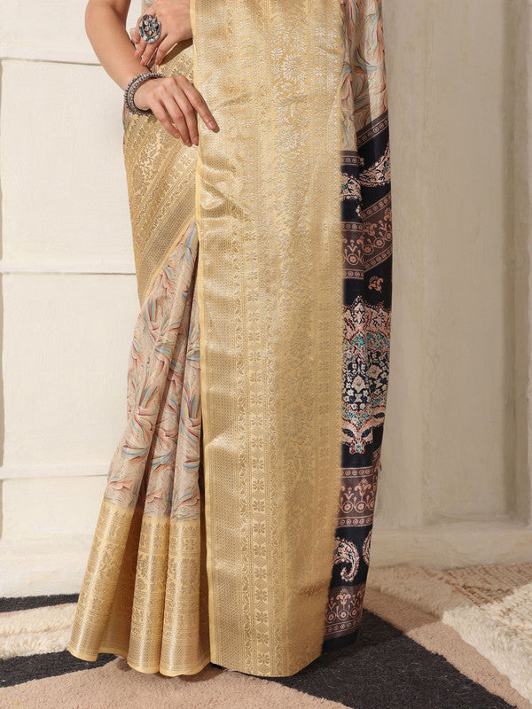 Shivam Fabrics Beige Lichi Patta Fabric Printed Saree - Distacart
