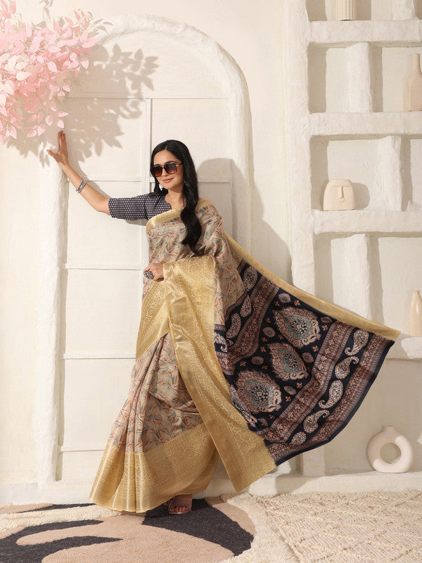 Shivam Fabrics Beige Lichi Patta Fabric Printed Saree - Distacart
