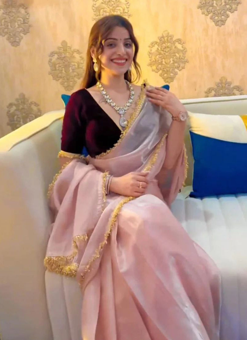 Lorenvalley Fashion Pink Soft Zimmy Silk Saree With Fancy Lace
