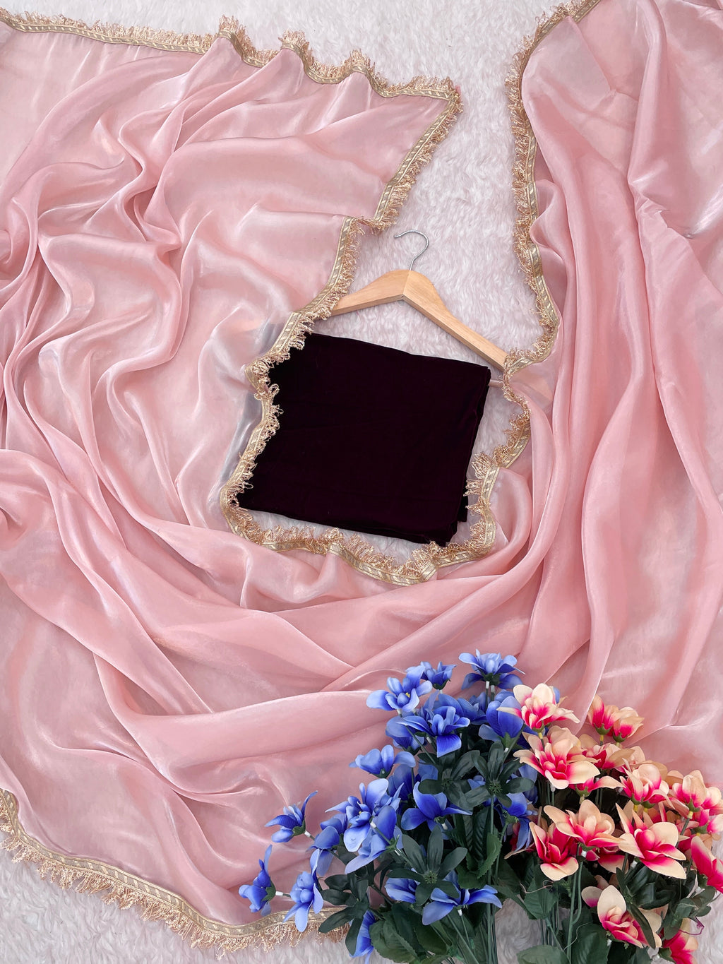 Lorenvalley Fashion Pink Soft Zimmy Silk Saree With Fancy Lace