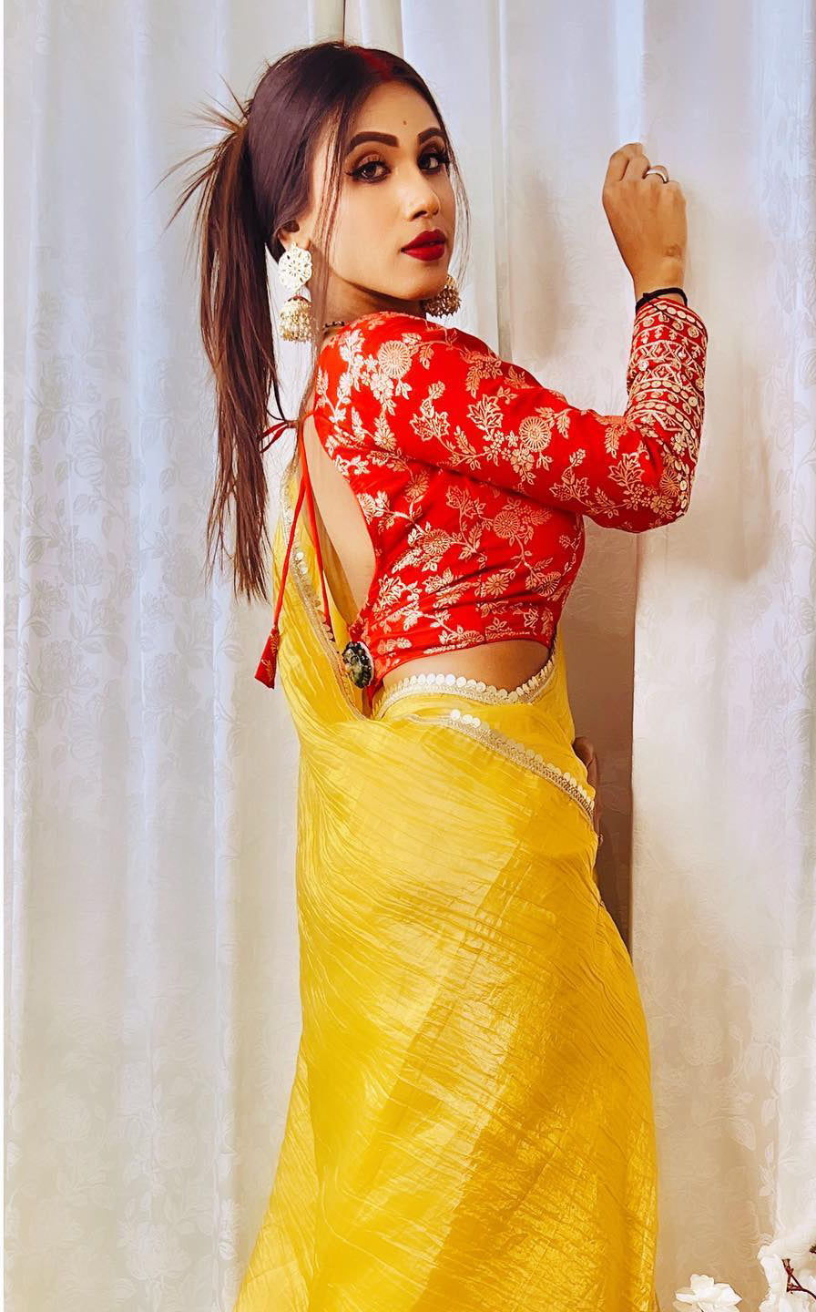 Lorenvalley Fashion Attractive Yellow Crush Tissue Silk Saree With Jacquard Weaving Stitched Blouse