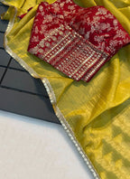 Lorenvalley Fashion Attractive Yellow Crush Tissue Silk Saree With Jacquard Weaving Stitched Blouse