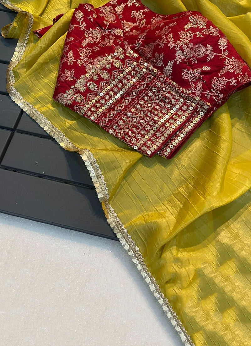 Lorenvalley Fashion Attractive Yellow Crush Tissue Silk Saree With Jacquard Weaving Stitched Blouse
