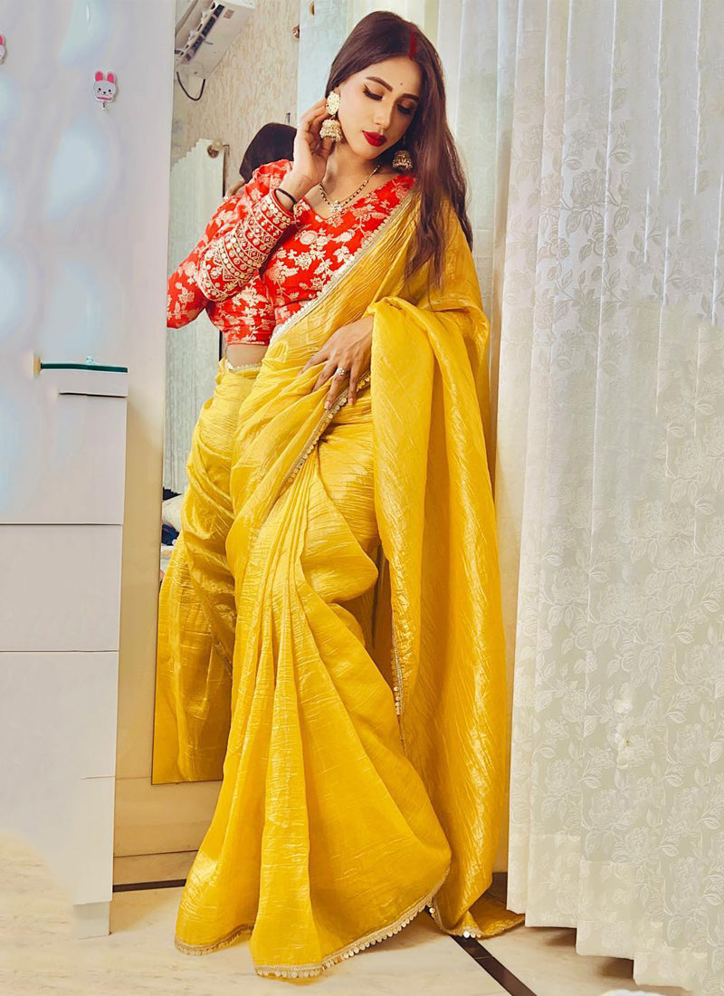 Lorenvalley Fashion Attractive Yellow Crush Tissue Silk Saree With Jacquard Weaving Stitched Blouse