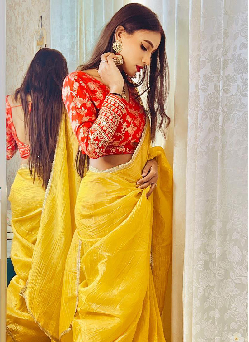Lorenvalley Fashion Attractive Yellow Crush Tissue Silk Saree With Jacquard Weaving Stitched Blouse