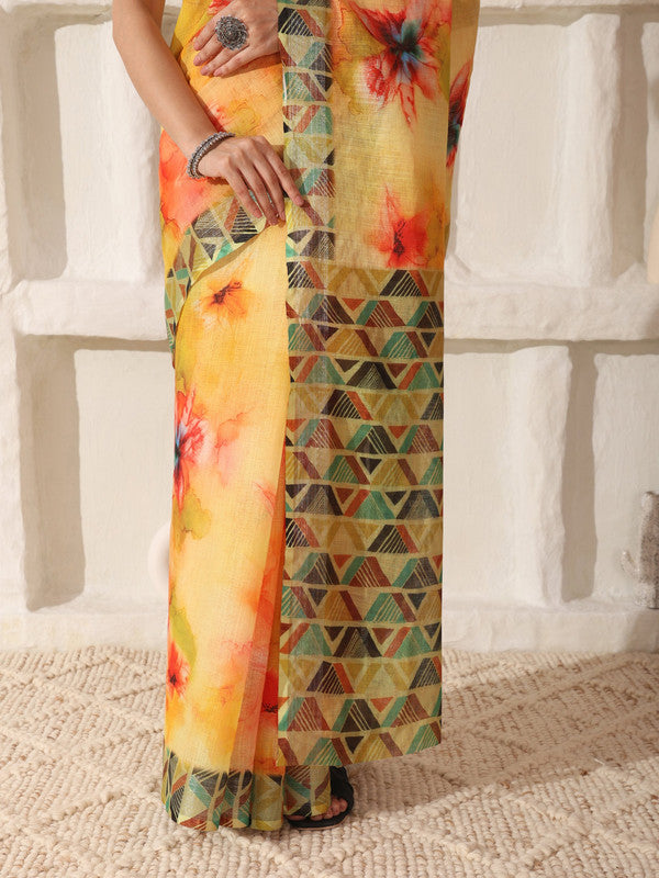 Shivam Fabrics Yellow Linen Fabric Printed Saree - Distacart