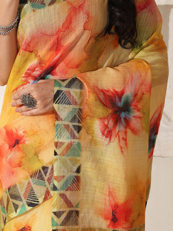 Shivam Fabrics Yellow Linen Fabric Printed Saree - Distacart