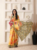 Shivam Fabrics Yellow Linen Fabric Printed Saree - Distacart
