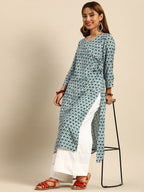 Sangria Women Blue & Off White Geometric Printed Kurta