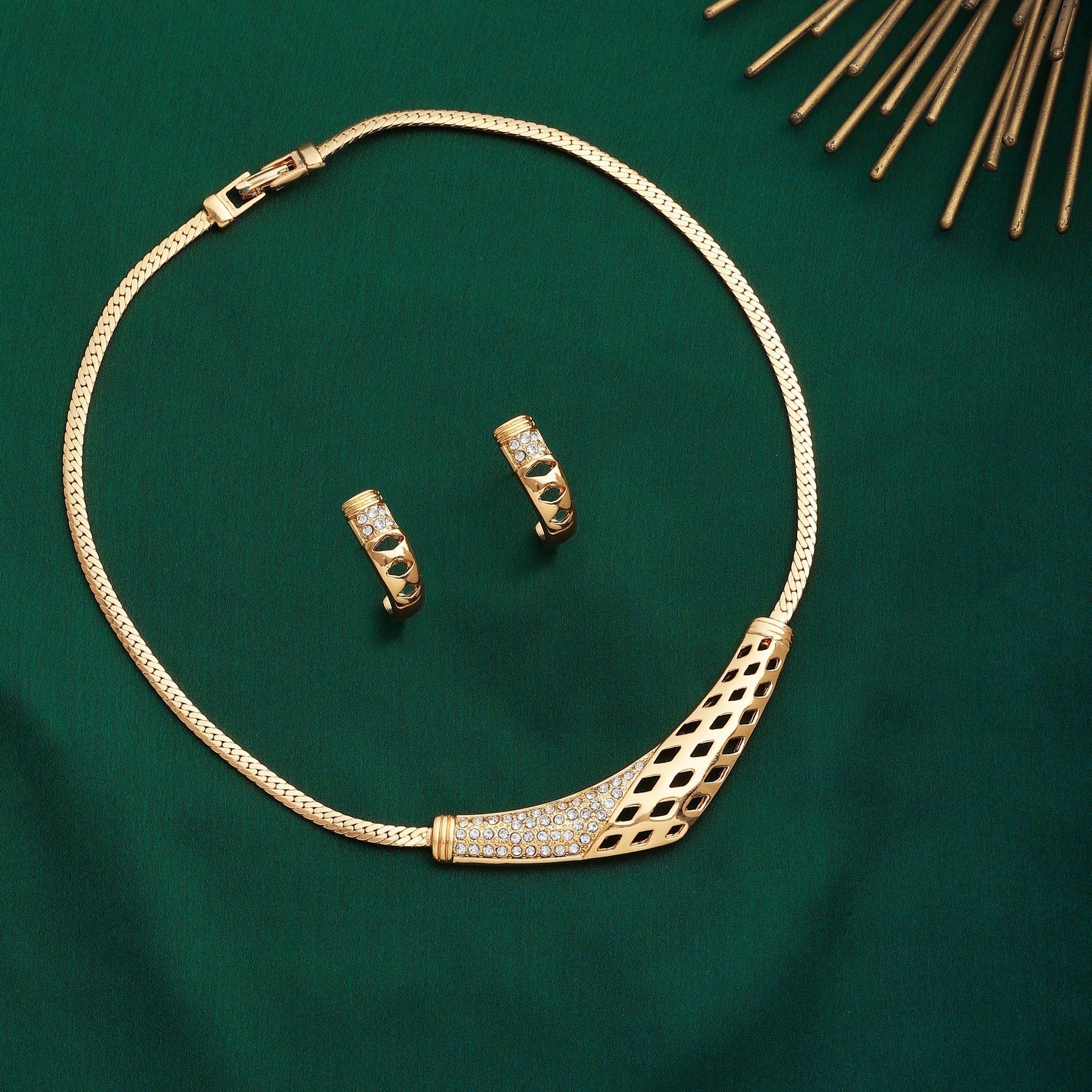 Estele Gold-Polished Boomerang Designer Necklace Set with White Austrian Crystals for Women