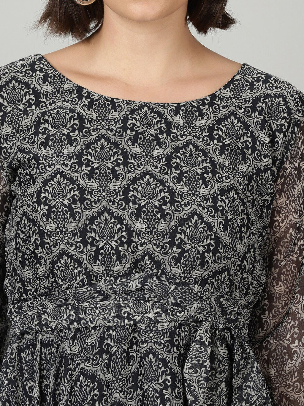 Souchii Women Grey & Black Ethnic Motifs Chiffon A-Line Midi Dress - Distacart