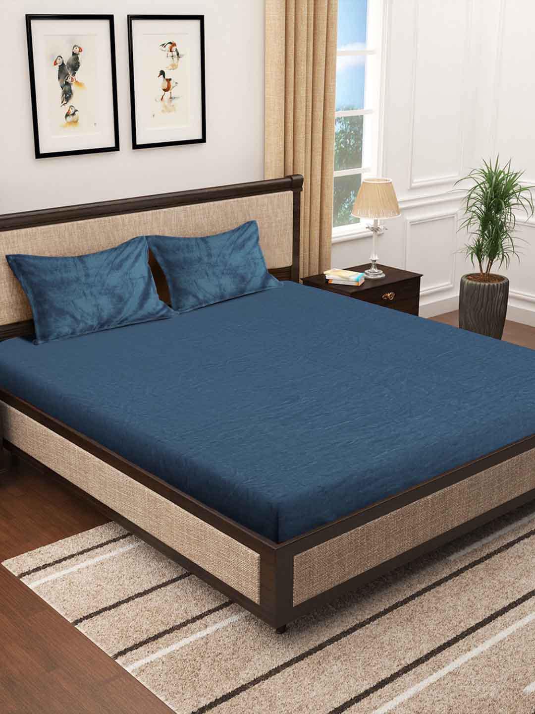 KLOTTHE Turquoise Blue 300 TC Woolen Fitted King Bedsheet With 2 Pillow Covers - Distacart
