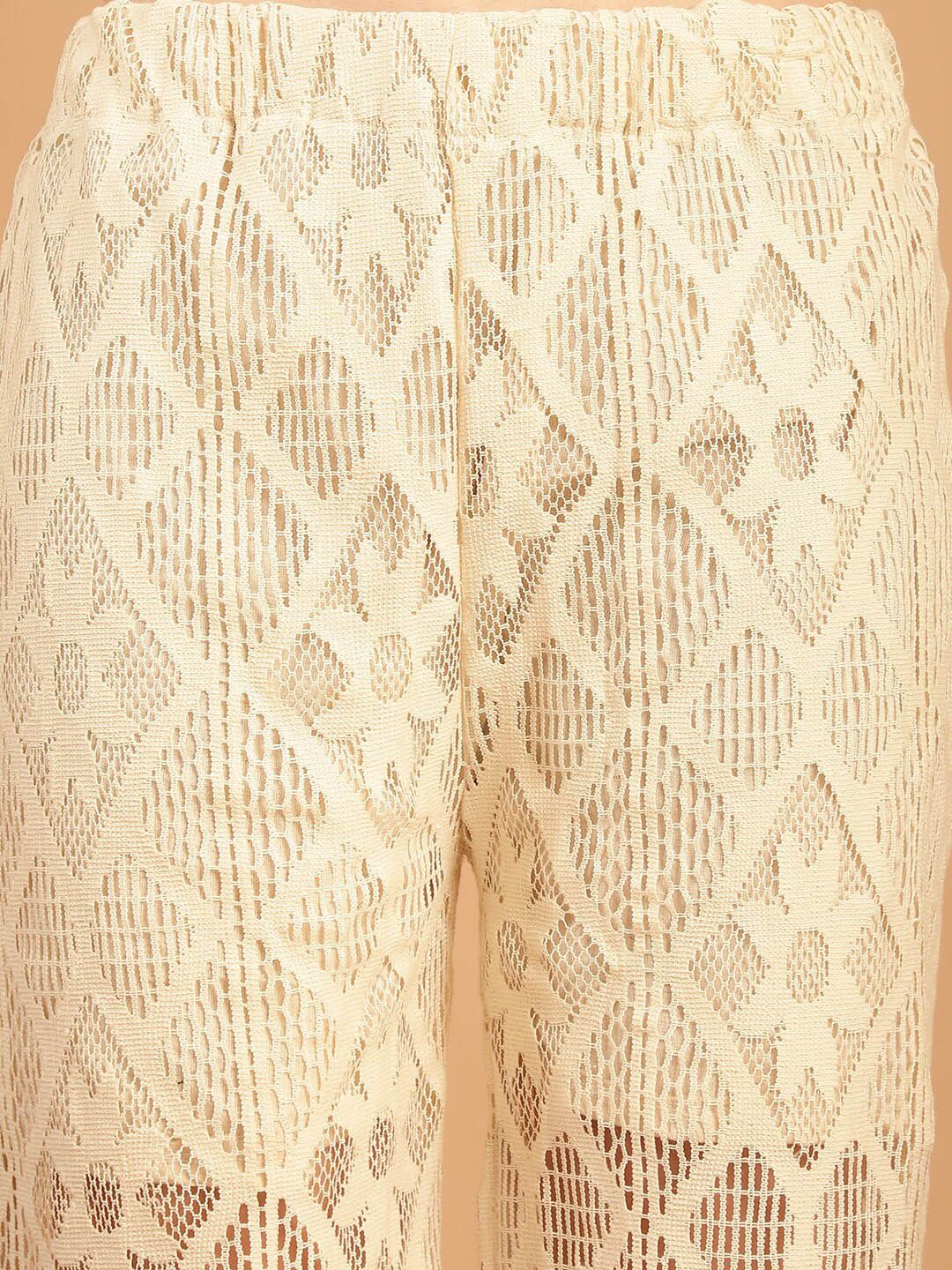 TAG 7 Women Geometric Self Design Sheer With Half Lining Crochet Wide Leg Palazzos