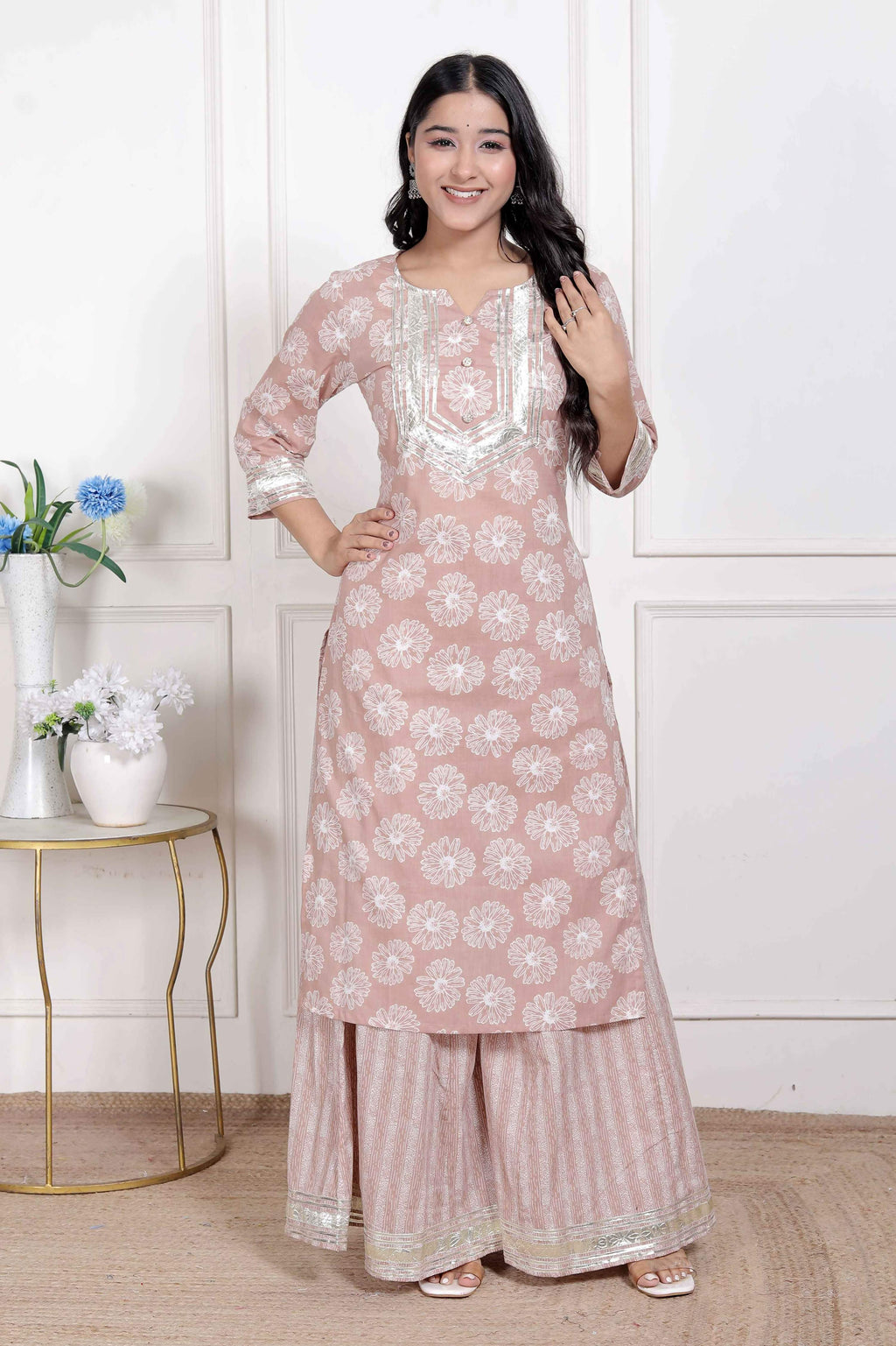 Miravan Women Brown Floral Printed Straight Ethnic Kurta with Palazzo