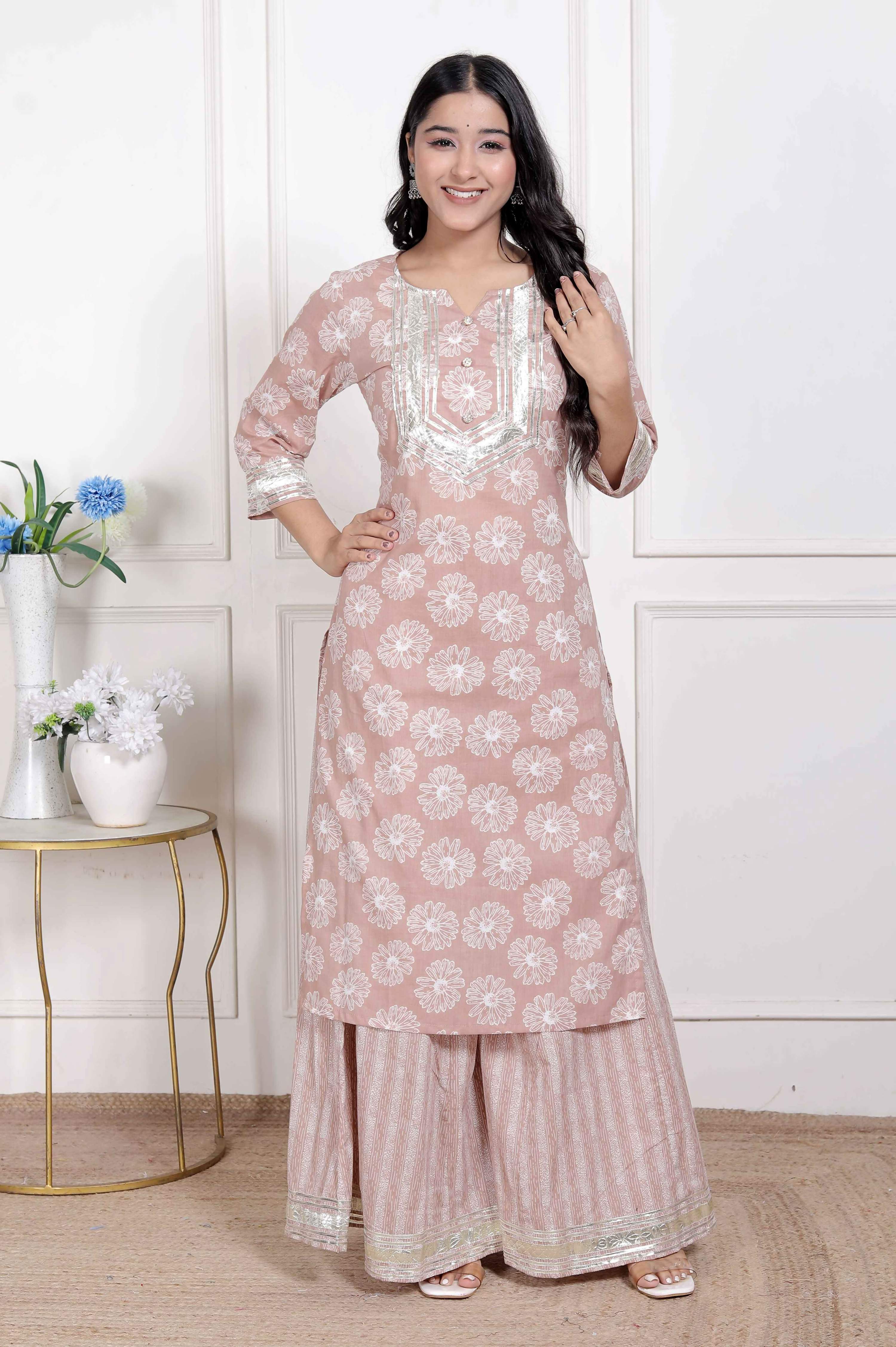 Miravan Women Brown Floral Printed Straight Ethnic Kurta with Palazzo