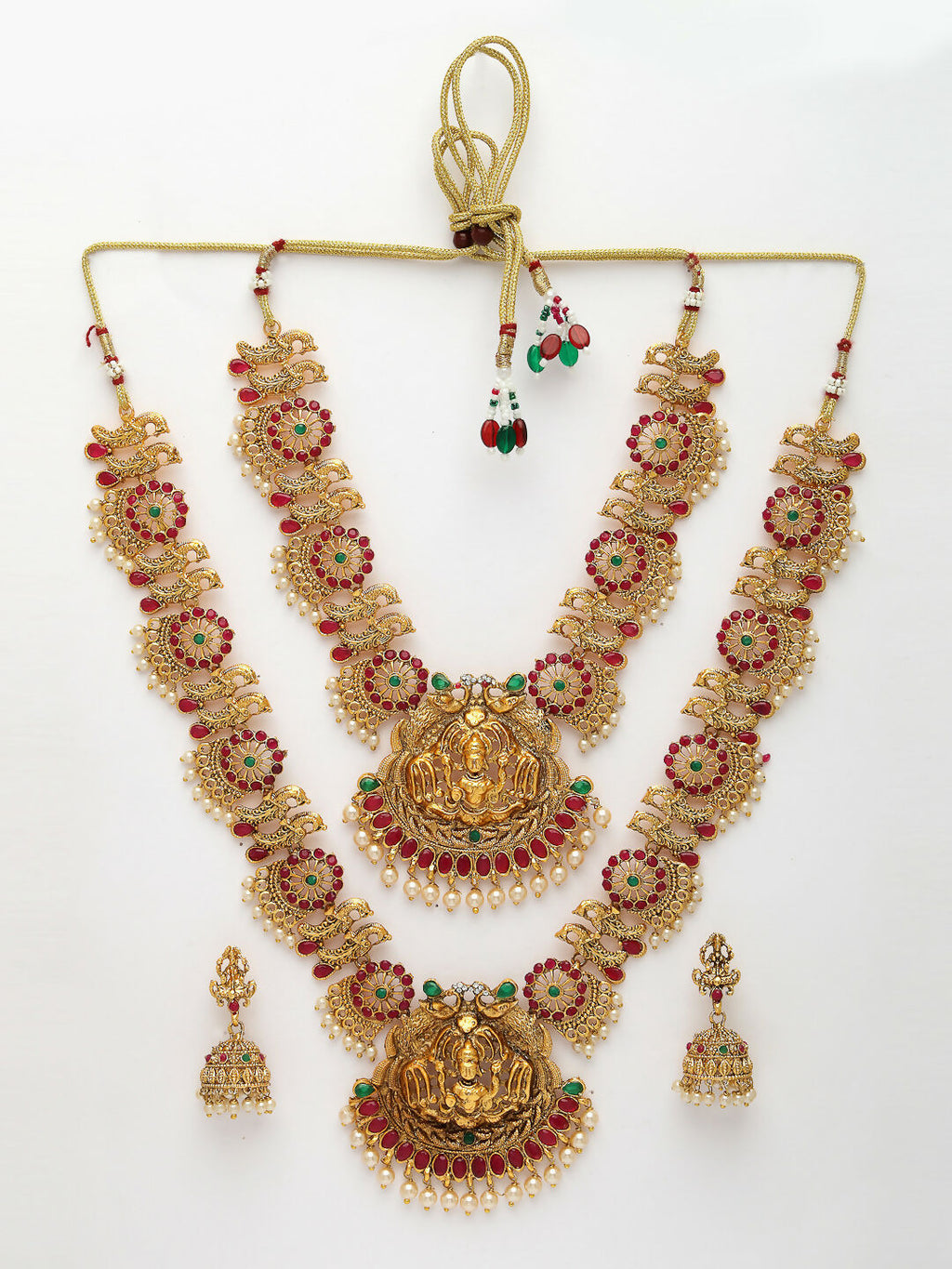 NVR Women's Set of 2 Gold-Polished Green & Pink Stone Studded Peacock & Lakshmi Design Temple Jewellery Set