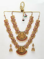NVR Women's Set of 2 Gold-Polished Green & Pink Stone Studded Peacock & Lakshmi Design Temple Jewellery Set