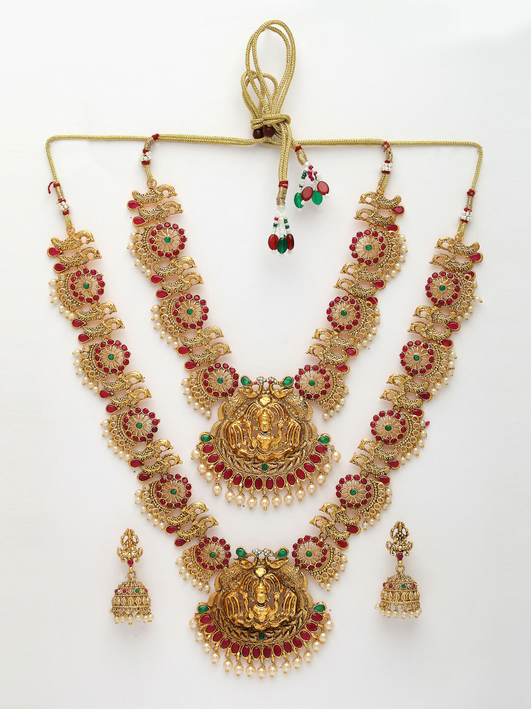 NVR Women's Set of 2 Gold-Polished Green & Pink Stone Studded Peacock & Lakshmi Design Temple Jewellery Set