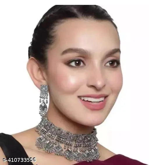 Tehzeeb Creations Women's Silver Colour Oxidised Necklace Set With Mirror And Beads