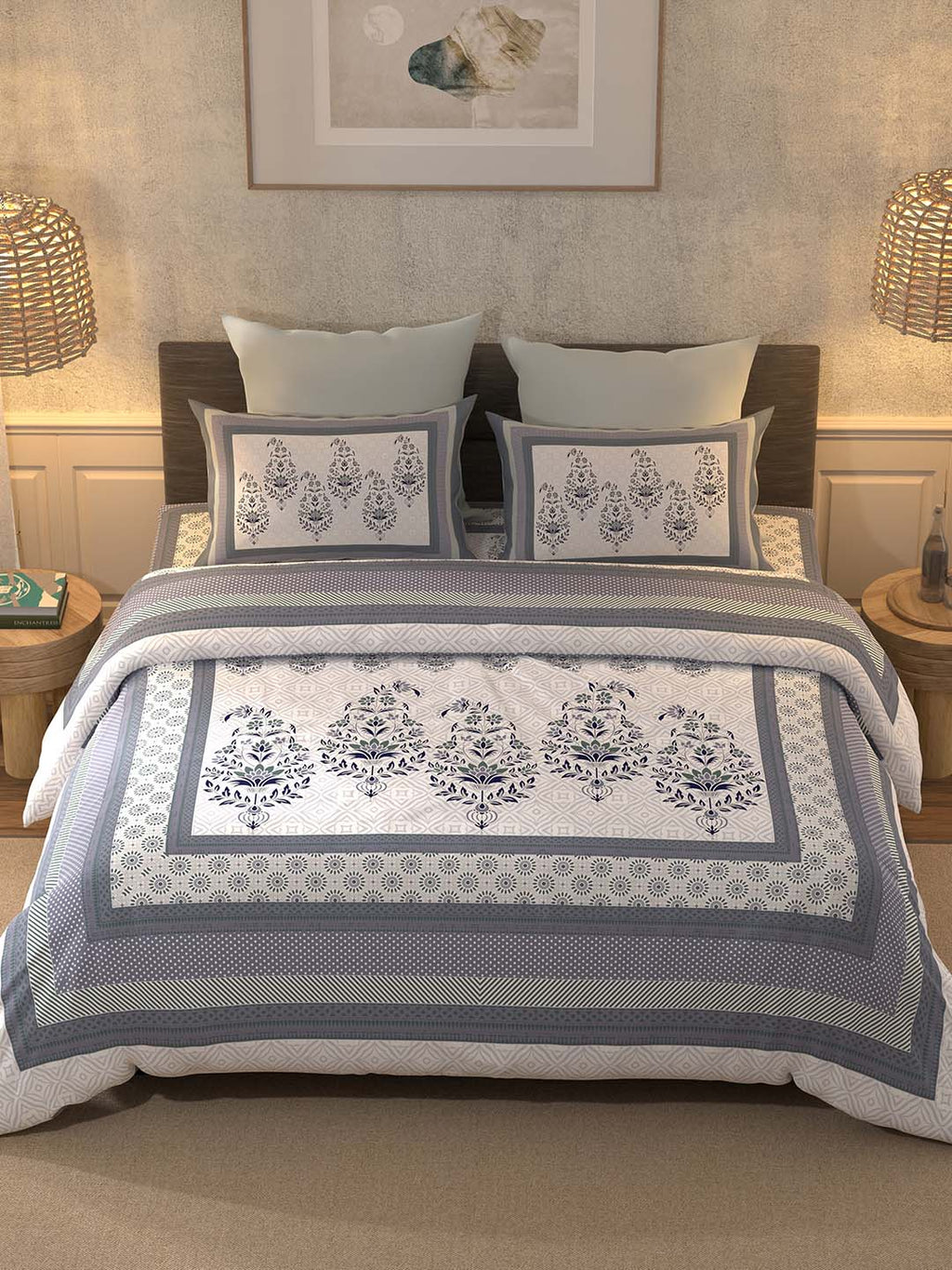BELLA CASA Off White & Blue Ethnic Motifs 350 TC Cotton King Bedsheet with 2 Pillow Covers