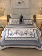 BELLA CASA Off White & Blue Ethnic Motifs 350 TC Cotton King Bedsheet with 2 Pillow Covers