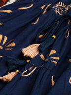 HERE&NOW Women Navy Blue & Gold-Toned Printed Kurta with Churidar & Dupatta