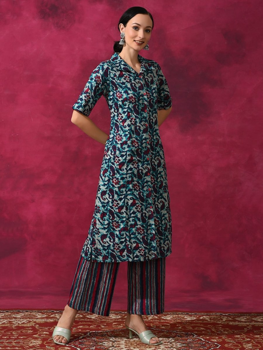 Aks Ethnic Motifs Printed Pure Cotton A-line Kurta with Palazzos